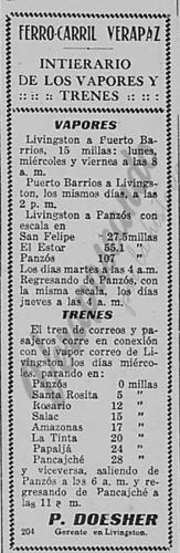 Itinerario del Ferrocarril Verapaz y Vapores a Panzos1925