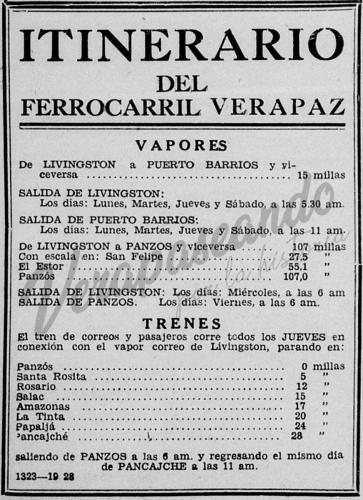 Itinerario del Ferrocarril Verapaz y Vapores a Panzos1930