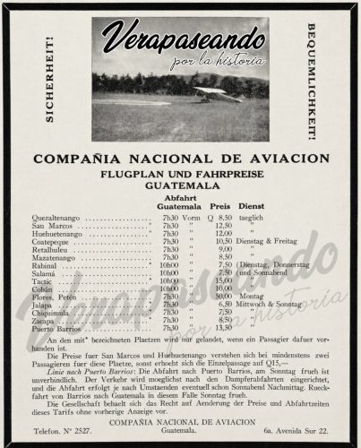 Compañía Nacional de Aviación de Guatemala, itinerario de vuelos y tarifas.Vuelos a Rabinal, Salamá, Tactic y Cobán.